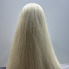 Long blonde hair against a plain background