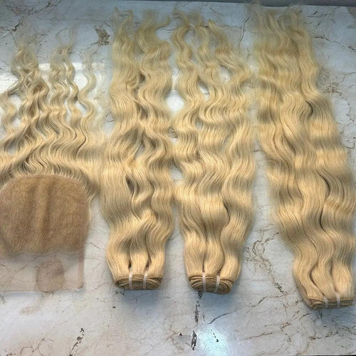 Blonde curly human hair bundles with closure - Hair Trends India